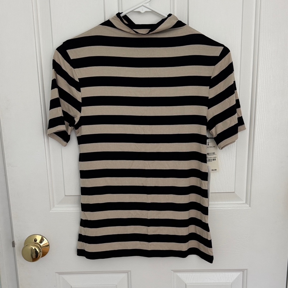 Nordstrom Black and Cream Striped Short-Sleeve Mock Neck Top
